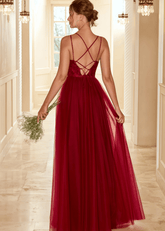 Tobey | A Line Lace Embroider Burgundy Tulle Long Bridesmaid Dress - Price #price_variant_lowest# - Burgundy - PromDressClub